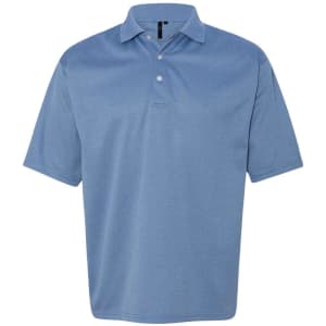 A blue polo shirt with a classic collar and three buttons, featuring a logo.