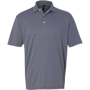 A grey pique polo shirt featuring a collar and a single button placket, with a logo on the chest.