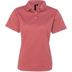 A moisture-free pique polo shirt in a soft coral colour, featuring a collar and three-button placket.