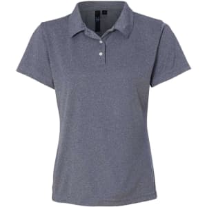 A grey pique polo shirt with a collar, featuring a few buttons and a logo on the upper side.