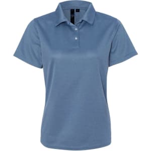 A blue moisture-free polo shirt with a collar and three buttons, featuring a logo on the chest.