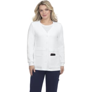 A white sweater featuring a V-neck, buttons, and front pockets, displayed on a model.