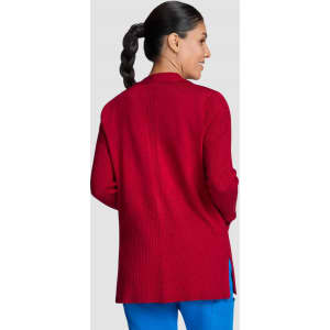 A red ribbed Kori sweater featuring a back split design, worn by a model with a ponytail.