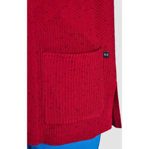 A red knitted sweater featuring a pocket and a brand logo. The texture includes speckles for added detail.