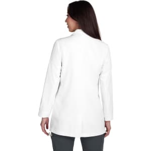 A white lab coat is displayed from the back, featuring long sleeves and a tailored design.