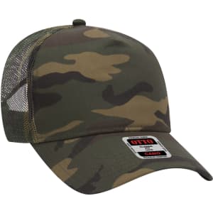 A 5-panel trucker hat in camouflage pattern, featuring a mesh back and a small logo on the front.