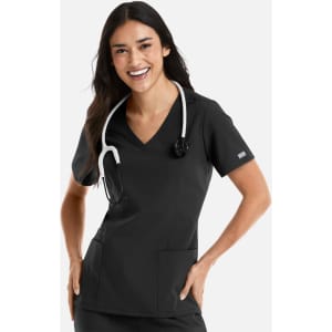 A woman wearing a black double V-neck top with a stethoscope around her neck, smiling, with pockets.