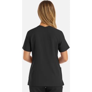 A black women's double v-neck top with short sleeves, featuring a logo, viewed from the back.