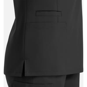 A black women's double V-neck top featuring a side slit and large pocket. The top has a simple, sleek design.