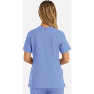 A women's double V-neck top in light blue, featuring short sleeves and a simple design on the back.