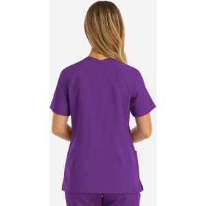 A women's double V-neck top in a vibrant purple colour, featuring short sleeves and a simple design.