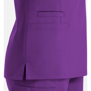 A purple women's double V-neck top featuring a side split and a large pocket design.
