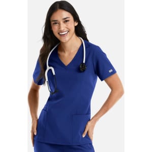 A woman wearing a blue double V-neck top with a stethoscope around her neck, featuring two pockets.
