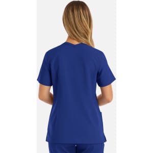A women's double V-neck top in a rich royal blue, featuring short sleeves and a relaxed fit.
