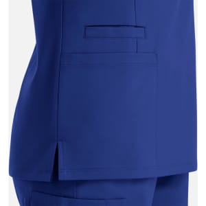 A blue women's double v-neck top featuring side slits and a pocket on the front. The product has a logo.