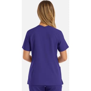 A purple women's double V-neck top with short sleeves and a back view. It features a logo on the fabric.