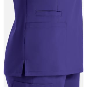 A purple women's double V-neck top with a side slit and pocket detailing. It features a smooth fabric texture.