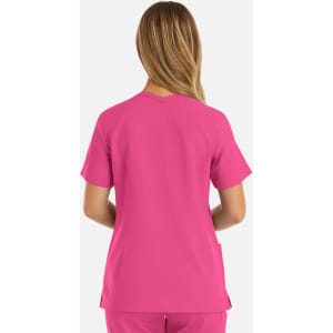 A pink women's double V-neck top with short sleeves and a sleek design, featuring a logo on the back.
