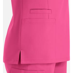 A vibrant pink double v-neck top featuring side slits and a pocket detail. The garment has a sleek, modern design.
