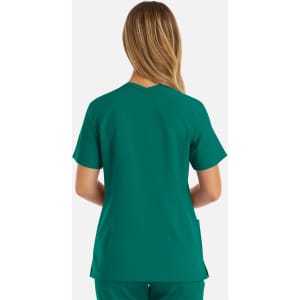A women's double V-neck top in a rich teal colour, featuring short sleeves and a simple design.