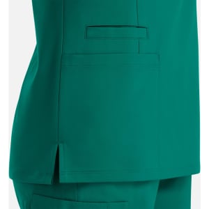 A green women's top featuring a double V-neck design and a side pocket. The fabric appears smooth and lightweight.