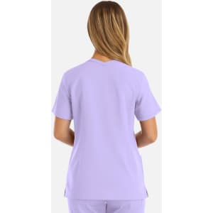 A lavender women's double V-neck top with short sleeves, featuring a fitted design and a logo.