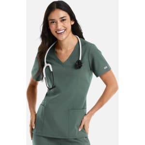 A green women's double v-neck top with short sleeves, featuring two front pockets and a stethoscope.