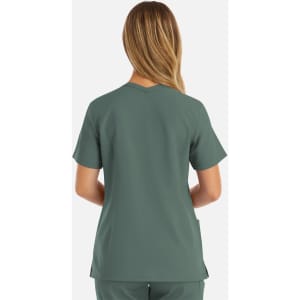 A women's double V-neck top in a muted green colour, featuring short sleeves and a back view. It has branding.