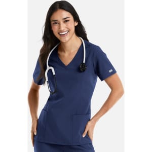 A navy women's double V-neck top with short sleeves, featuring a stethoscope and pockets, along with a branding logo.