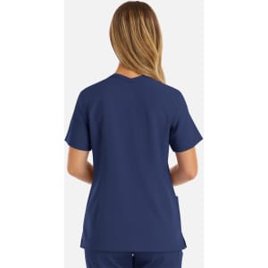 A women's double V-neck top in navy blue, featuring short sleeves and a simple design, with a logo visible.