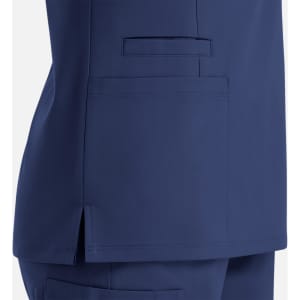 A navy blue women's top with a double V-neck and side slits, featuring a pocket on the side.