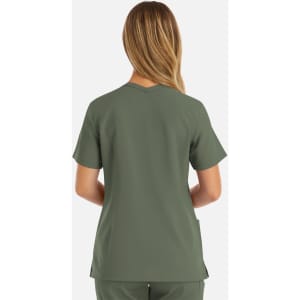 A women's double V-neck top in olive green, featuring short sleeves and a relaxed fit, with a logo present.