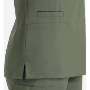 A women's double V-neck top in a muted olive green colour, featuring side slits and pockets.