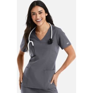 A women's grey double V-neck top with short sleeves, featuring a stethoscope around the neck and pockets.
