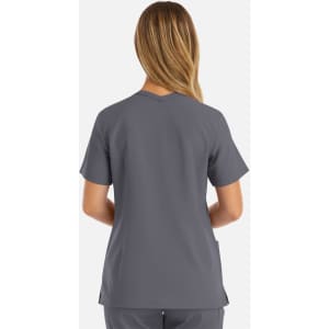 A grey women's double V-neck top with short sleeves, featuring a back view. The top has a logo.
