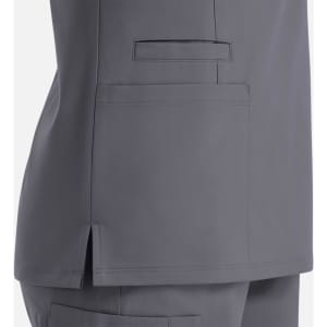 A grey women's top featuring a double V-neck design and side pockets, with a logo on the fabric.