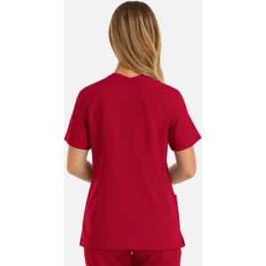 A red women's double V-neck top, featuring short sleeves and a relaxed fit, displayed from the back.