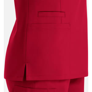 A red double V-neck top featuring side slits and a large pocket on the front. The image includes branding details.