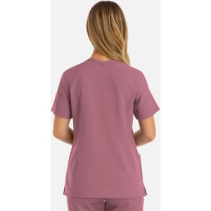 A women's double V-neck top in a muted mauve colour, featuring short sleeves and a relaxed fit.
