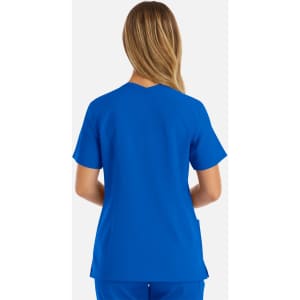 A women's double V-neck top in vibrant blue, featuring short sleeves and a straight cut. The back view is shown.