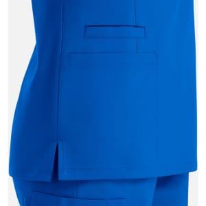 A vibrant blue women's top featuring a double V-neck and a side pocket. The fabric has a smooth finish.