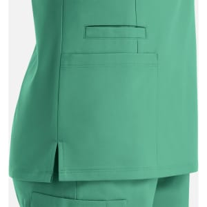 A women's double V-neck top in teal, featuring a side slit and a pocket detail.