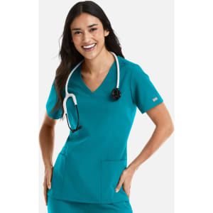 A woman wears a teal double V-neck top with a stethoscope around her neck, featuring two front pockets.