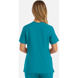 A women's double V-neck top in a vibrant teal colour, featuring a simple design and short sleeves.