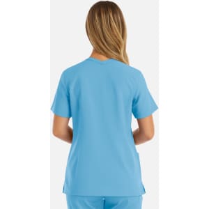A women's double V-neck top in light blue, featuring short sleeves and a simple design. It has a logo.