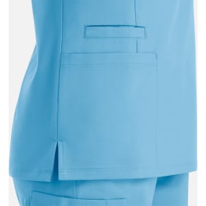 A blue women's top with a double V-neck design and side slits, featuring two pockets on the side.