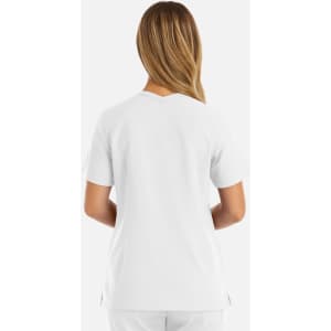 A women's short-sleeve top in white with a double V-neck design, featuring a logo on the back.