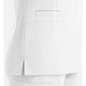 A white women's double V-neck top featuring side slits and a pocket on the hip. It has a minimalistic design and a logo.