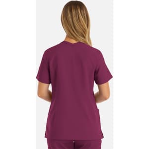 A women’s double V-neck top in a deep burgundy colour, featuring short sleeves and a back view.