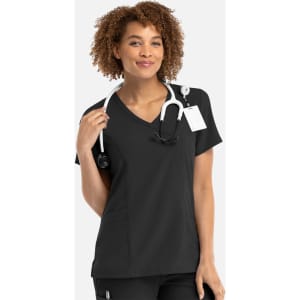 A black mock wrap top with a V-neck, featuring a fitted design and a stethoscope draped around the model's neck.